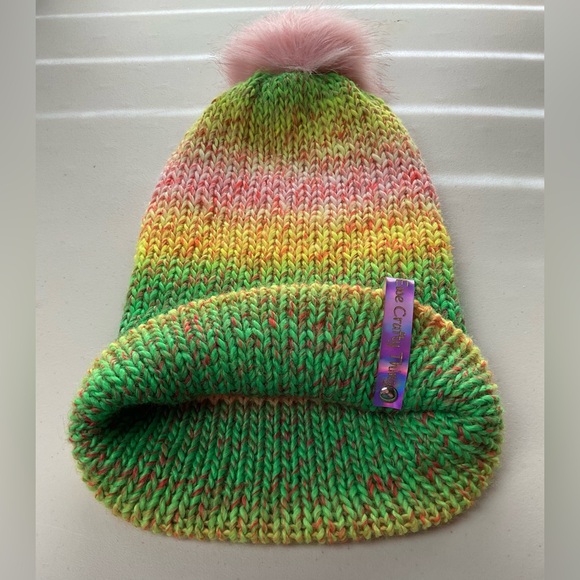 NWT Beanie w/Brim and PomPom, Green, Yellow, Pink, Double Fabric, Teen/Sm Adult - Picture 9 of 9